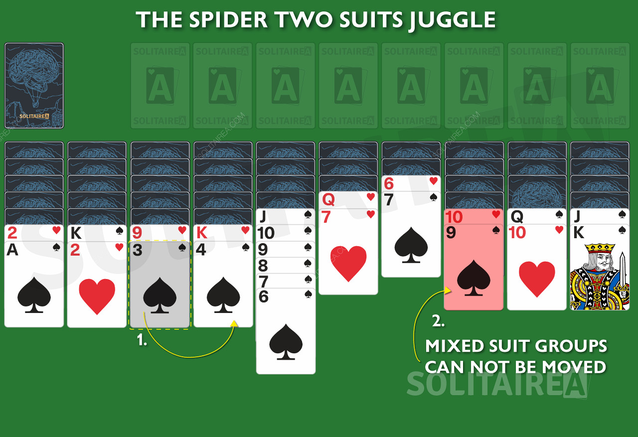 Spider Solitaire 2 Suits -pasianssissa ei voi siirtää sekalaisia maaryhmiä.